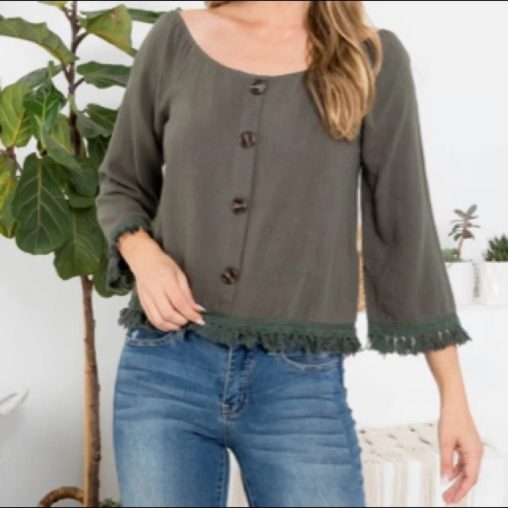 Olive Button Front Top - Picture 1 of 5